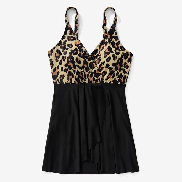 Women's One Piece Swim Dress Swimsuit Tummy Control Skirted Bathing Suit Leopard - Picture 5 of 8